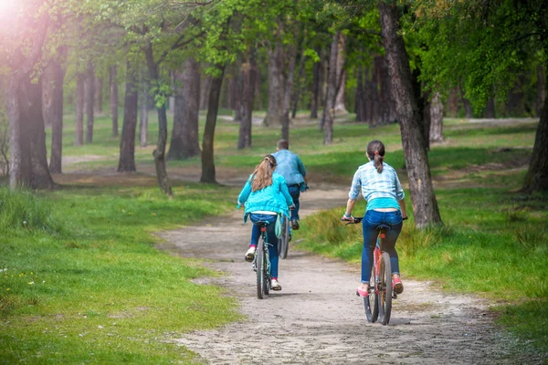 Rodzice z córka jazda Bikes w parku lub latem lesie. Wyświetlanie z powrotem, selektywnej ostrości — Zdjęcie stockowe