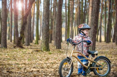 Having oyunculuk ile sonbahar ormandaki 3 veya 5 yıllık mutlu bir çocukluk oğlan bir