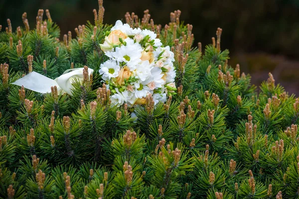 Düğün buket gül yeşil çimenlerin üzerinde — Stok fotoğraf