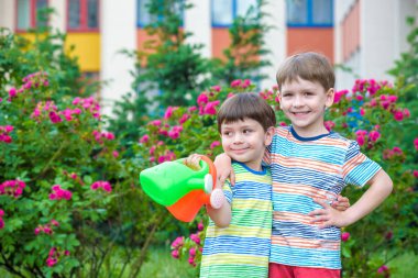 İki küçük gül bahçesinde olan sulama çocuklar çocuk. Aile, Bahçe Bahçe, yaşam tarzı,
