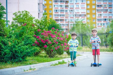 İki küçük çocuklar yaz Park scooter sürme. Gülümseyen ve birbirine bakıyor. Tişört ve pantolon giymek. Güzel güneşli akşam
