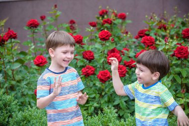 İki sevimli erkek çocuklar açık havada birlikte oynayan çocuklar