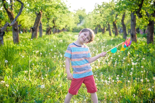 Retrato de un niño lindo feliz sosteniendo el molinete en el parque — Foto de Stock