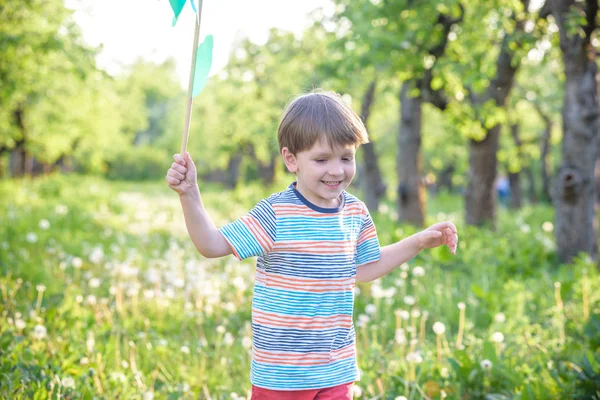 Retrato de un niño lindo feliz sosteniendo el molinete en el parque — Foto de Stock