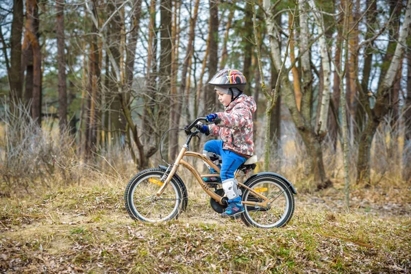 Dziecko na rowerze w wcześnie rano w lesie. Chłopiec na rowerze o — Zdjęcie stockowe
