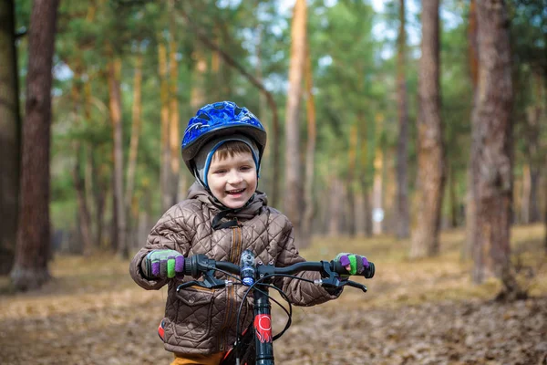Счастливый мальчик 3 или 5 лет, развлекаясь в осеннем лесу с — стоковое фото