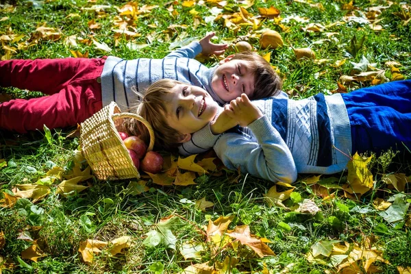 Κορίτσι και δύο αγόρια θέσει στο γρασίδι και τρώνε μήλα — Φωτογραφία Αρχείου