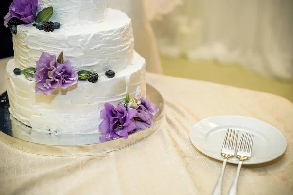 Piękny tort weselny, zbliżenie tortu i rozmyte tło, selektywne skupienie — Zdjęcie stockowe