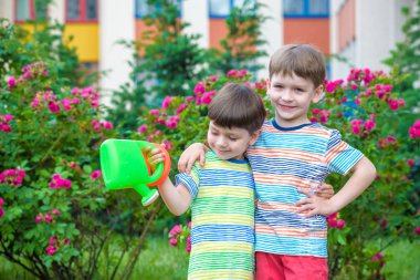 İki küçük gül bahçesinde olan sulama çocuklar çocuk. Aile, Bahçe Bahçe, yaşam tarzı,