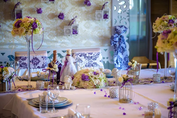Cenário Mesa Uma Recepção Casamento Luxo Exemplo Decoração Festiva Flores — Fotografia de Stock