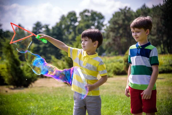 Boy blowing soap bubbles while an excited kid enjoys the bubbles. Happy teenage boy and his brother in a park enjoying making soap bubbles. Happy childhood friendship concept — Stock Photo, Image