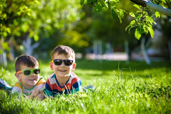 Feliz niño sonriente hermano hermano que se relaja en la hierba. Cerrar u —  Fotos de Stock