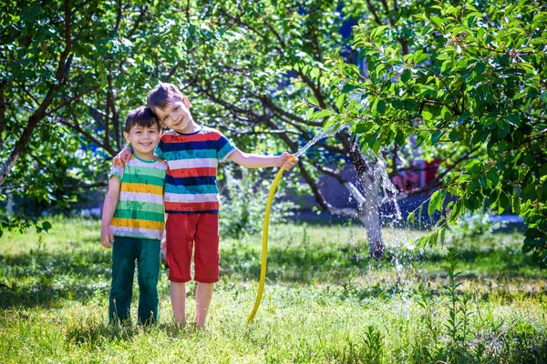 Niños jugando con aspersor de jardín. Niños en edad preescolar corren y —  Fotos de Stock