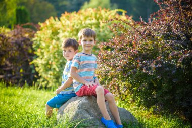 Bir kaya üzerinde güneşli parkta oturan iki çocuk akşam veya gün konusunda sizi uyarır. Sezon, çocuklar, yaşam tarzı kavramı.