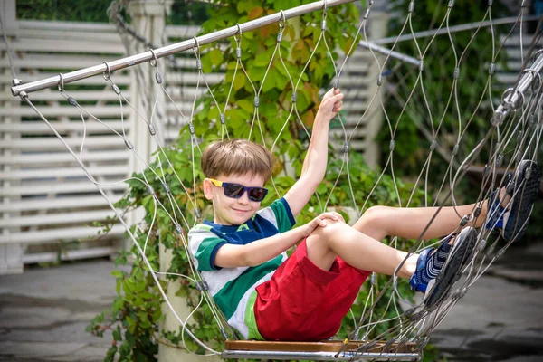 Little Adorable Kid Sitting Chain Swing Summer Holidays Vacation Boy — Stock Photo, Image
