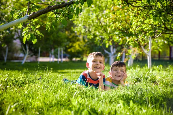 Niños Felices Divirtiéndose Aire Libre Niños Jugando Parque Verano Niño —  Fotos de Stock