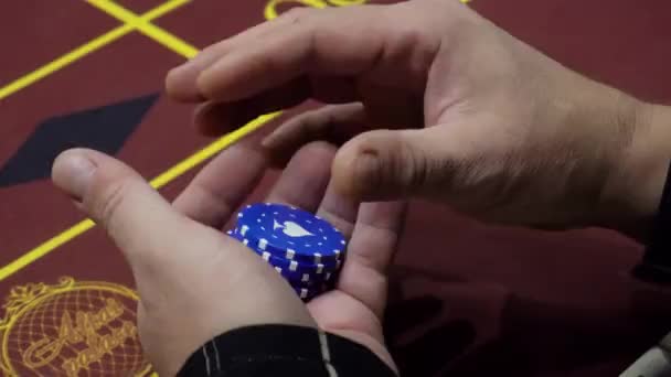 Der Spieler hält die Chips im Casino, nervös — Stockvideo