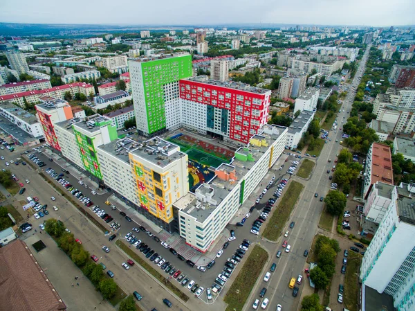 Aerial view of city Ufa from traffic, buildings, river, forest — Stock Photo, Image