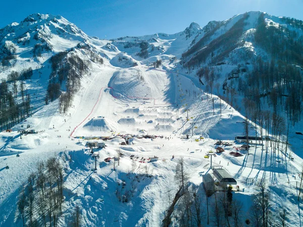 The skiing festival NewStarCamp in Sochi, Rosa Khutor. Aerial view — Stock Photo, Image