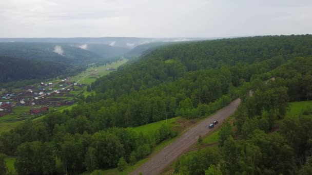 Aerial view of the Russian countryside in rainy weather — Stock Video
