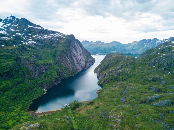 Mountain landscapes on the Norwegian Sea in Troll fjord. Aerial view — Stock Photo, Image