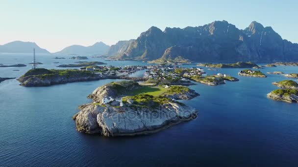 Henningsvaer village. Aerial view. Norway. — Stock Video