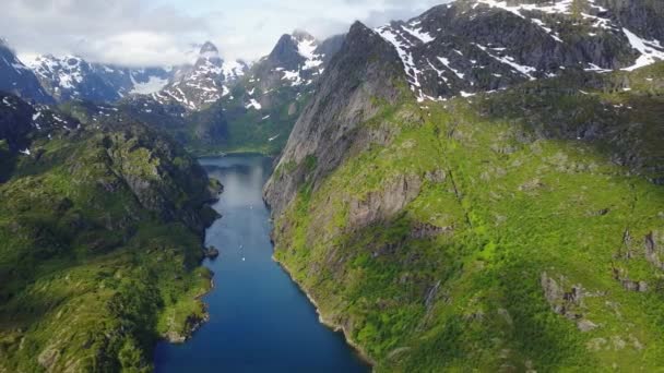 Yachting i Troll fjord. Flygfoto — Stockvideo