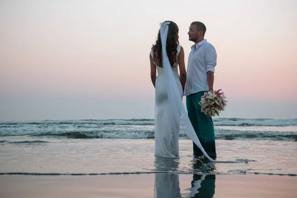 Lovers were married in India. Walk on the beach