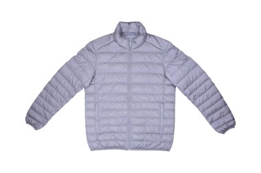 Isolated front view gray down jacket on wooden background