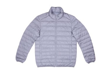 Isolated front view gray down jacket on wooden background