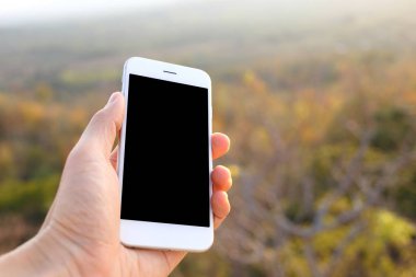 Ağaç zeminli el ele tutuşan akıllı telefon.