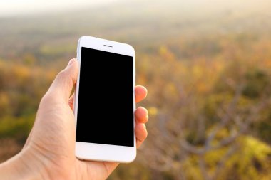 Ağaç zeminli el ele tutuşan akıllı telefon.