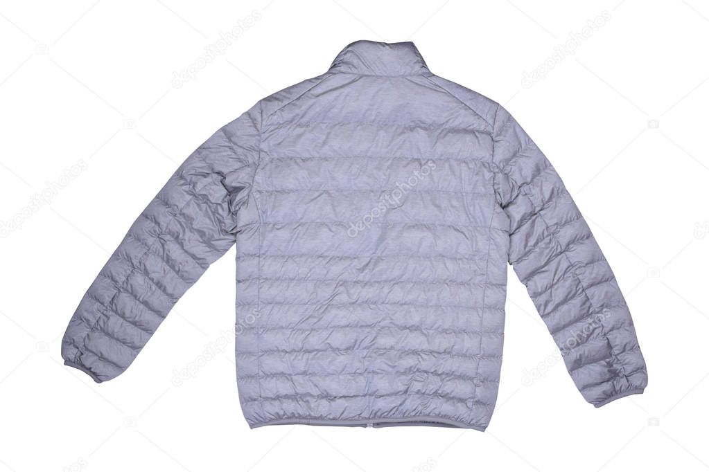 Isolated back view gray down jacket on wooden background