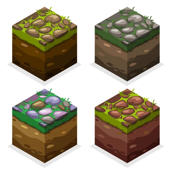 Colores Bloque de juegos Cubos isométricos, naturaleza tierra interminable y piedra sobre hierba — Archivo Imágenes Vectoriales