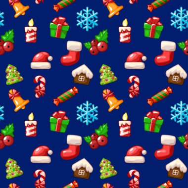 Neşeli Noel seamless modeli, mavi arka plan üzerinde set simgeleri