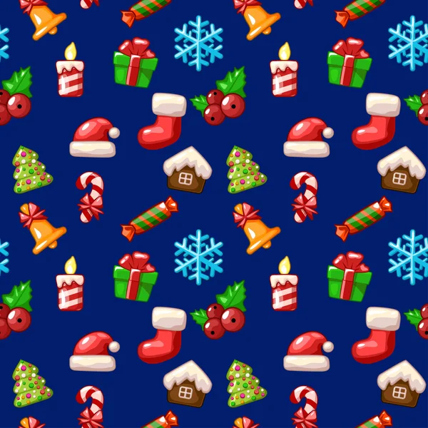 Merry Christmas seamless pattern, set icons on blue background — Διανυσματικό Αρχείο