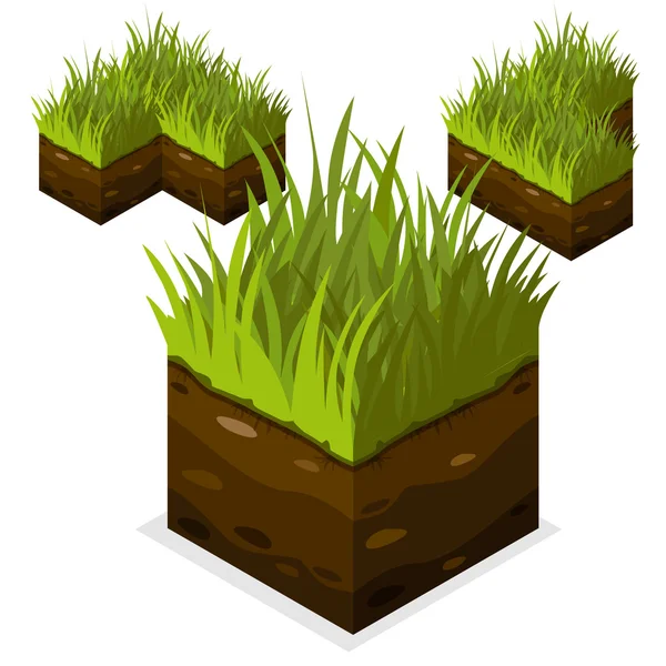 Játék blokk izometrikus táj kocka föld és a fű — Stock Vector