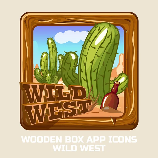 Szögletes fából készült doboz Wild West, app-ikonok — Stock Vector
