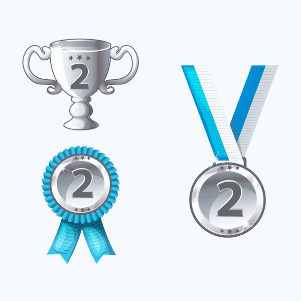 Conjunto medallas de plata y premios, trofeo — Vector de stock