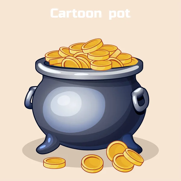 Olla de metal de dibujos animados llena de monedas de oro — Vector de stock