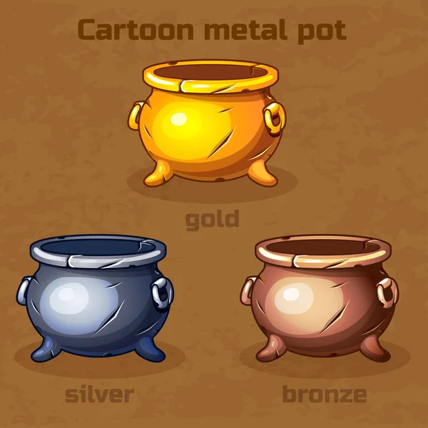 Desenhos animados velho pote de metal diferente. Ouro, prata e bronze — Vetor de Stock