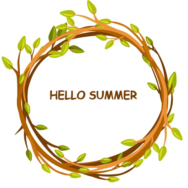 Carte de vœux, HELLO SUMMER en cercle de brindilles — Image vectorielle