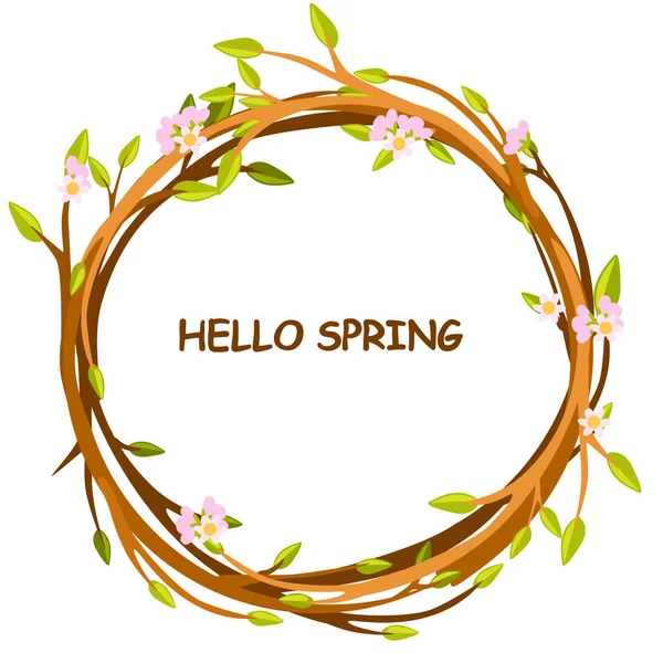 Открытки, HELLO SPRING in circle of twigs — стоковый вектор