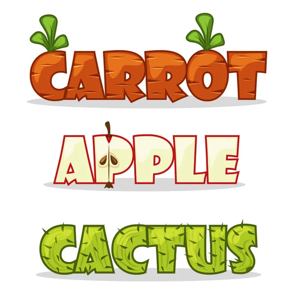 Drôle de mot textural. Carottes, pommes et cactus — Image vectorielle