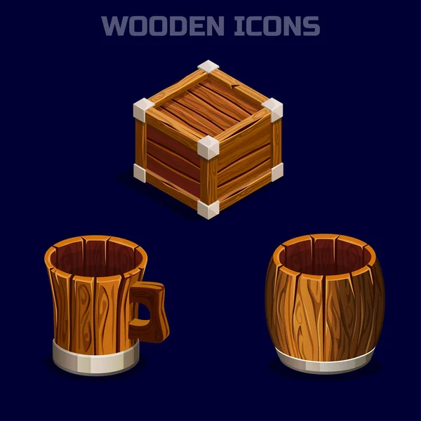 Iconos de madera de dibujos animados isométricos para el juego . — Vector de stock