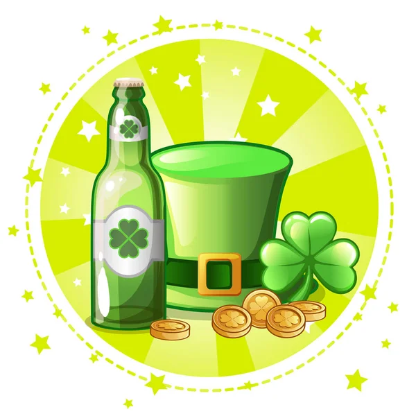 Cartoon groen hoed, klaver en bier fles — Stockvector