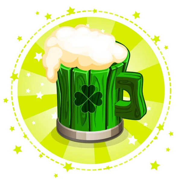 Taza de cerveza de madera verde de dibujos animados — Vector de stock