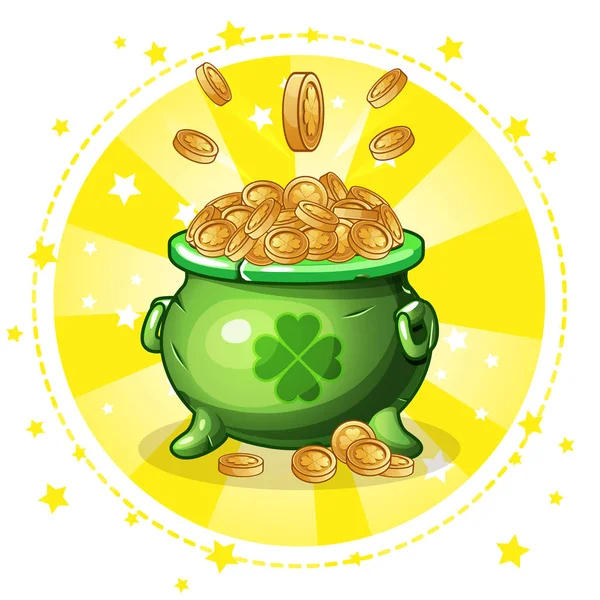 Мультяшний зелений горщик із золотими монетами — стоковий вектор