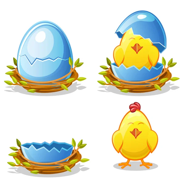 Tecknad kyckling och blå ägg i ett rede — Stockfoto