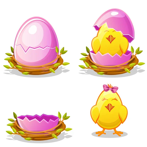 Cartoon funny chicken and pink egg in a nest — Stock Photo, Image